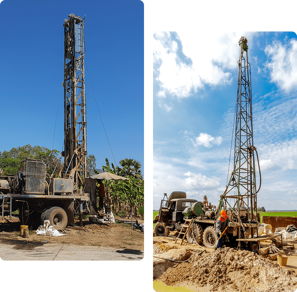 Two drilling rigs under clear blue skies.