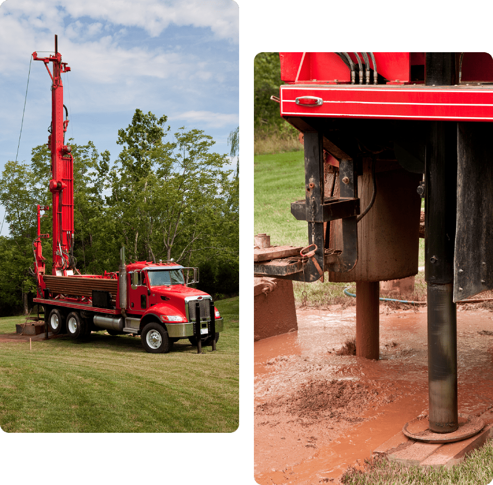 Red drilling truck operating on grassy field.