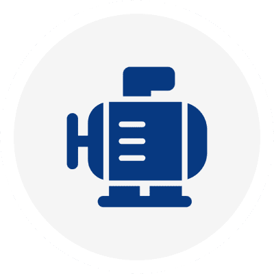 Blue mechanical icon on white circular background.